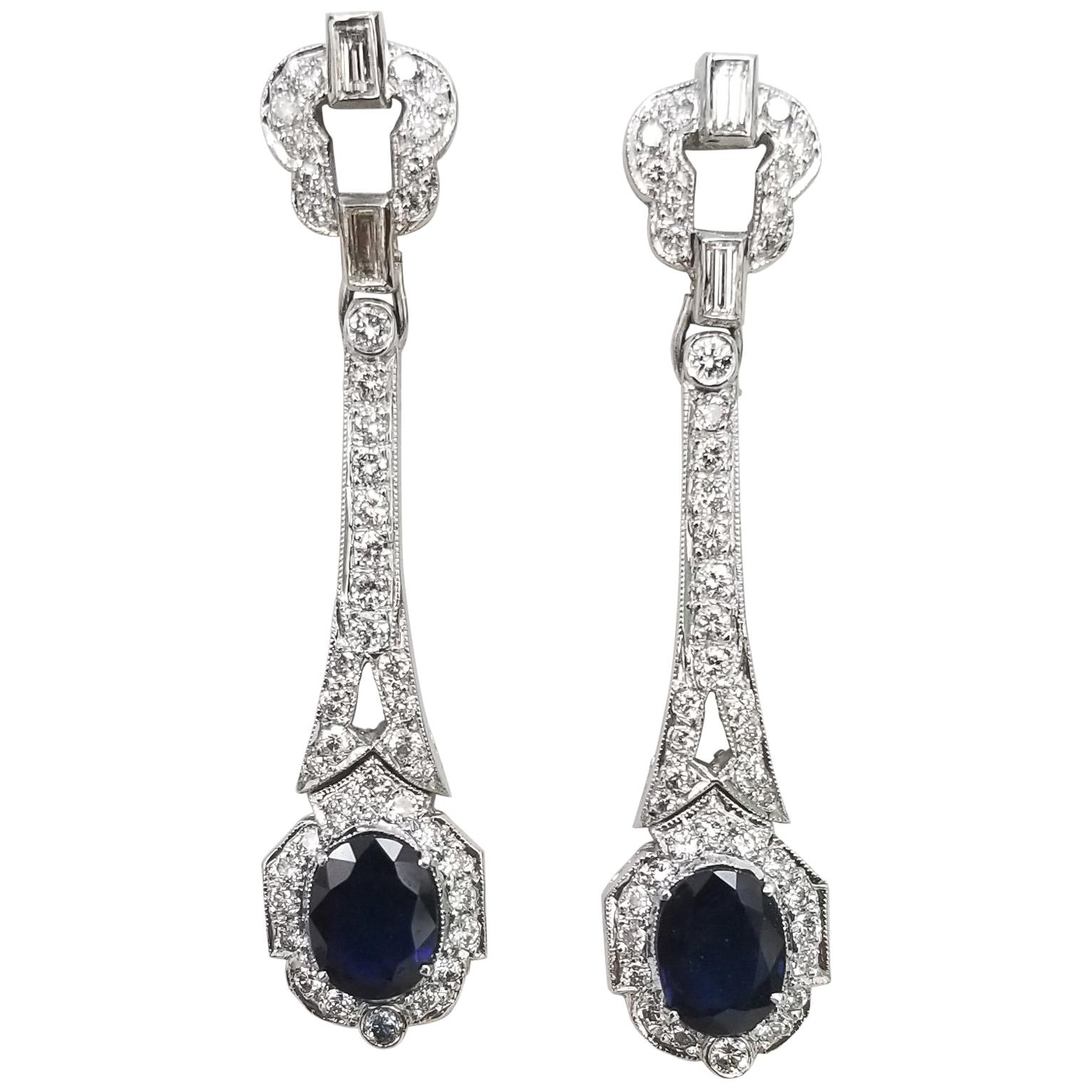 14 Karat White Gold "Art Deco" Style Sapphire and Diamond Dangle Earrings