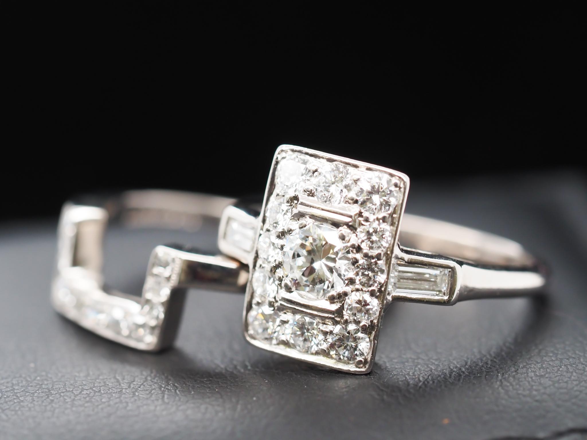 Women's or Men's 14 Karat White Gold Art Deco Old European Diamond Engagement Ring and Band Set For Sale