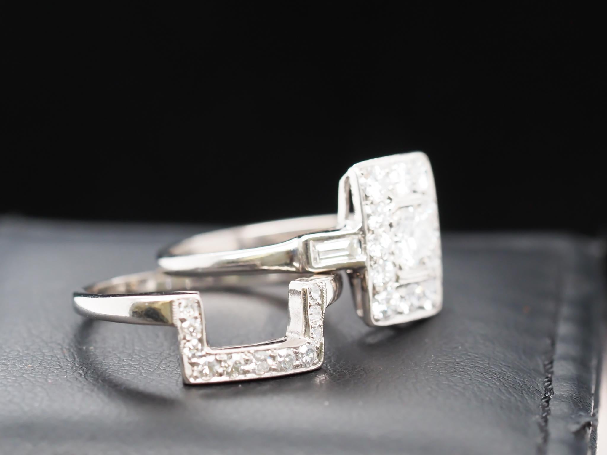14 Karat White Gold Art Deco Old European Diamond Engagement Ring and Band Set For Sale 1