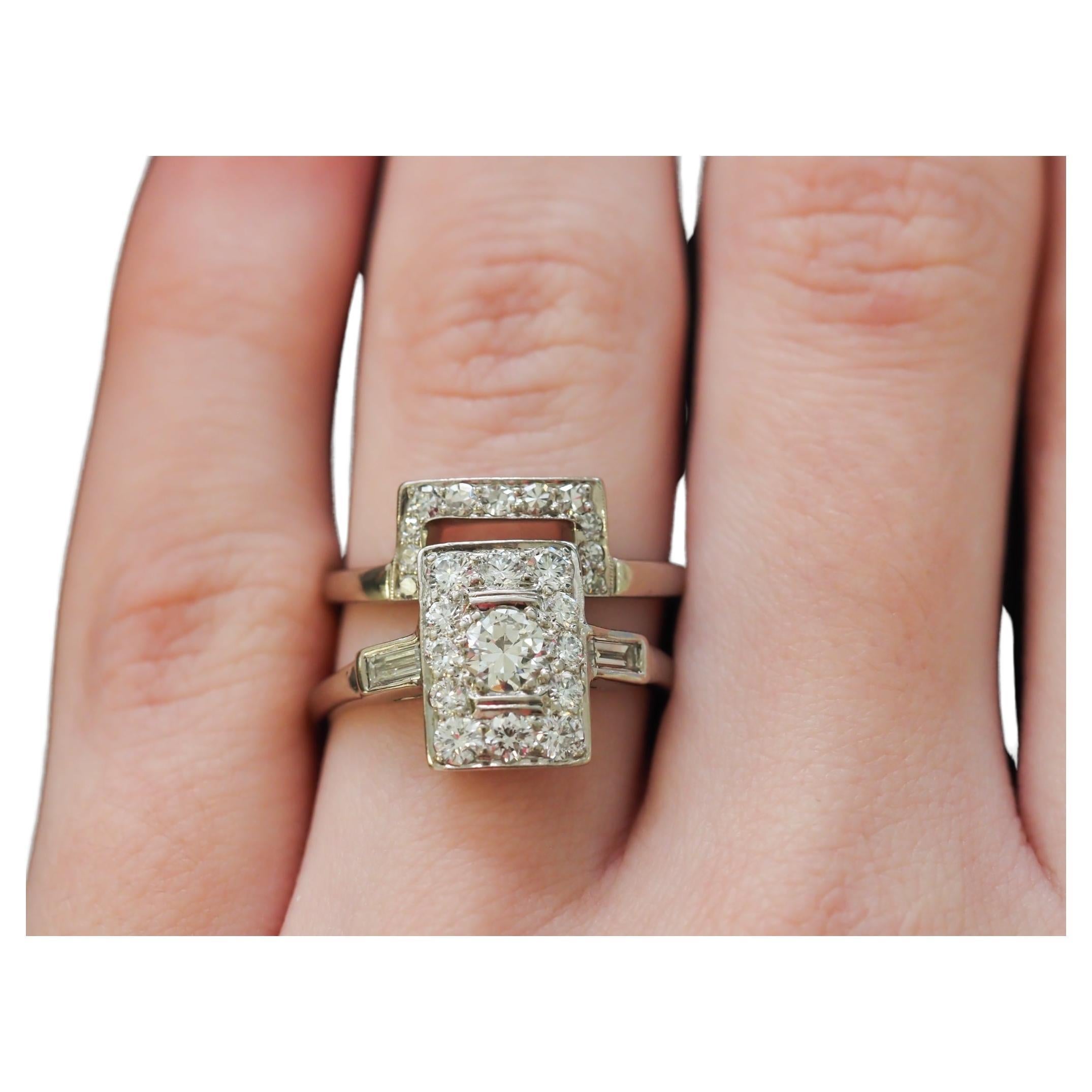 14 Karat White Gold Art Deco Old European Diamond Engagement Ring and Band Set For Sale