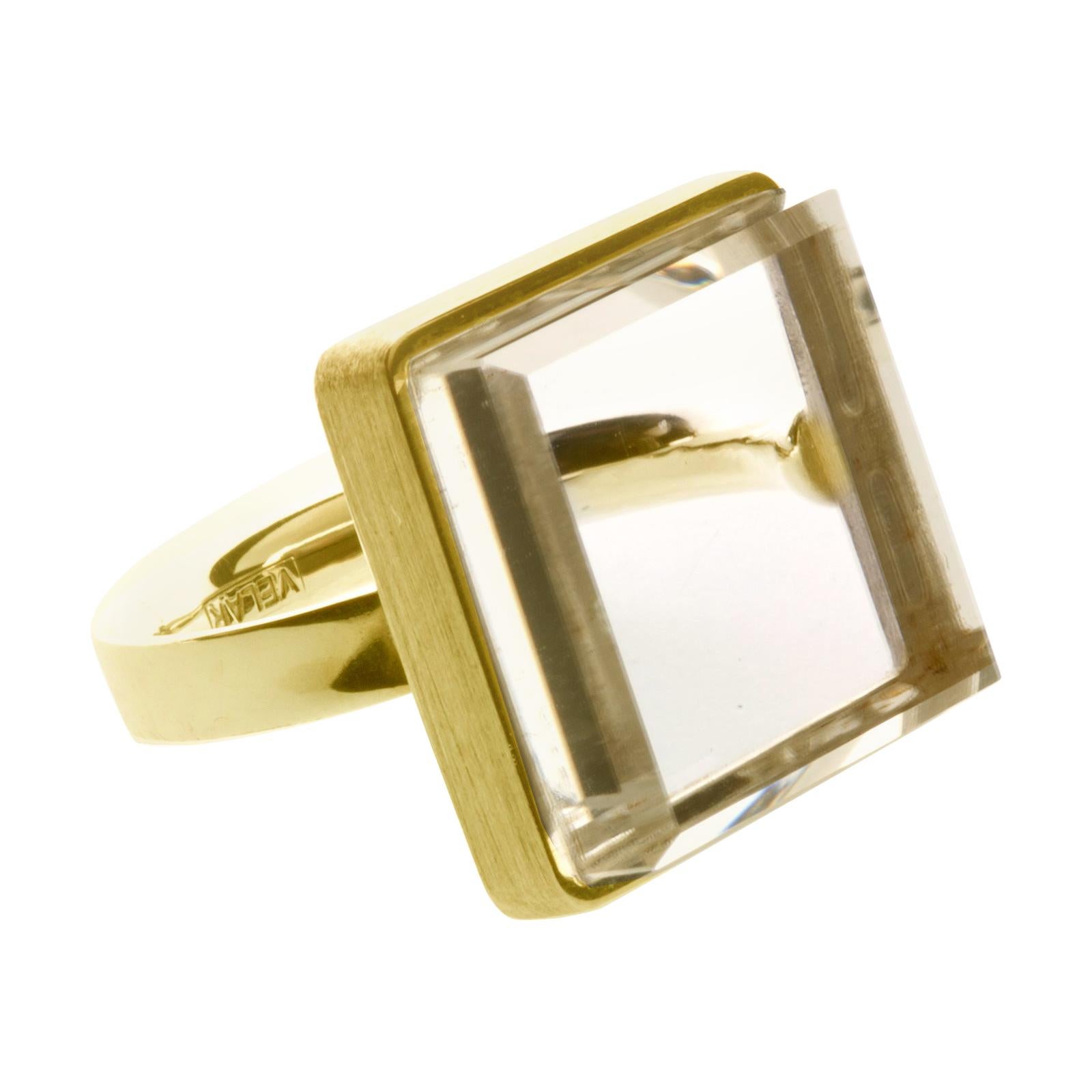 Fourteen Karat Yellow Gold Art Deco Style Ring Quartz by Artist 