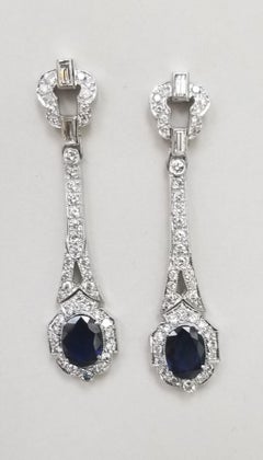 14 Karat White Gold "Art Deco" Sapphire and Diamond Dangle Earrings