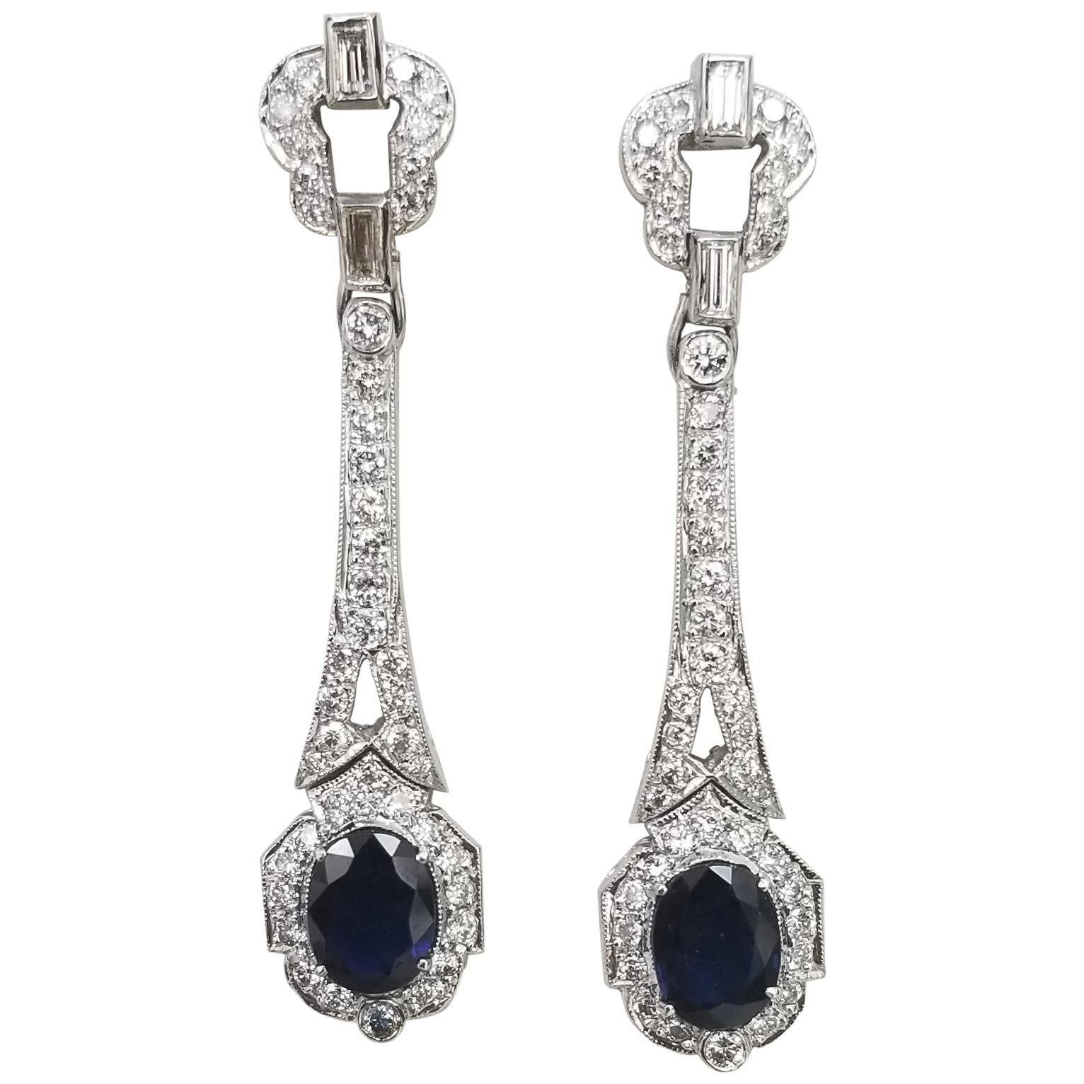 14 Karat White Gold "Art Deco" Sapphire and Diamond Dangle Earrings For Sale