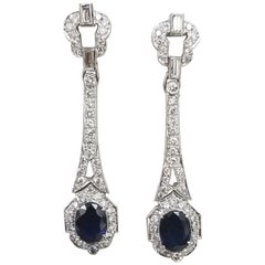 14 Karat White Gold "Art Deco" Sapphire and Diamond Dangle Earrings