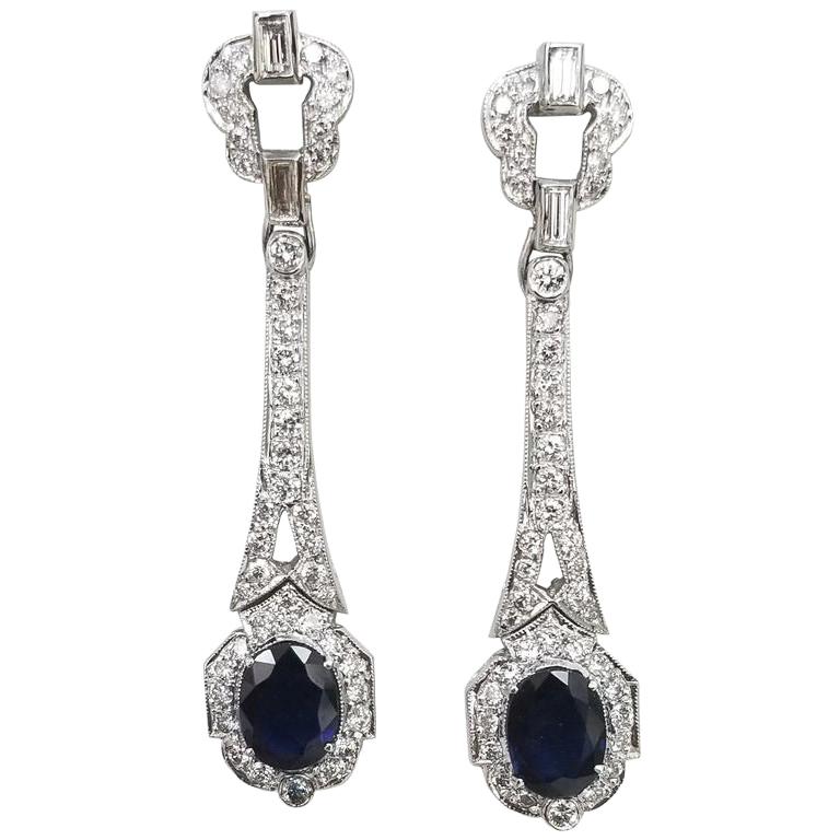 14 Karat White Gold "Art Deco" Style Sapphire and Diamond Dangle Earrings