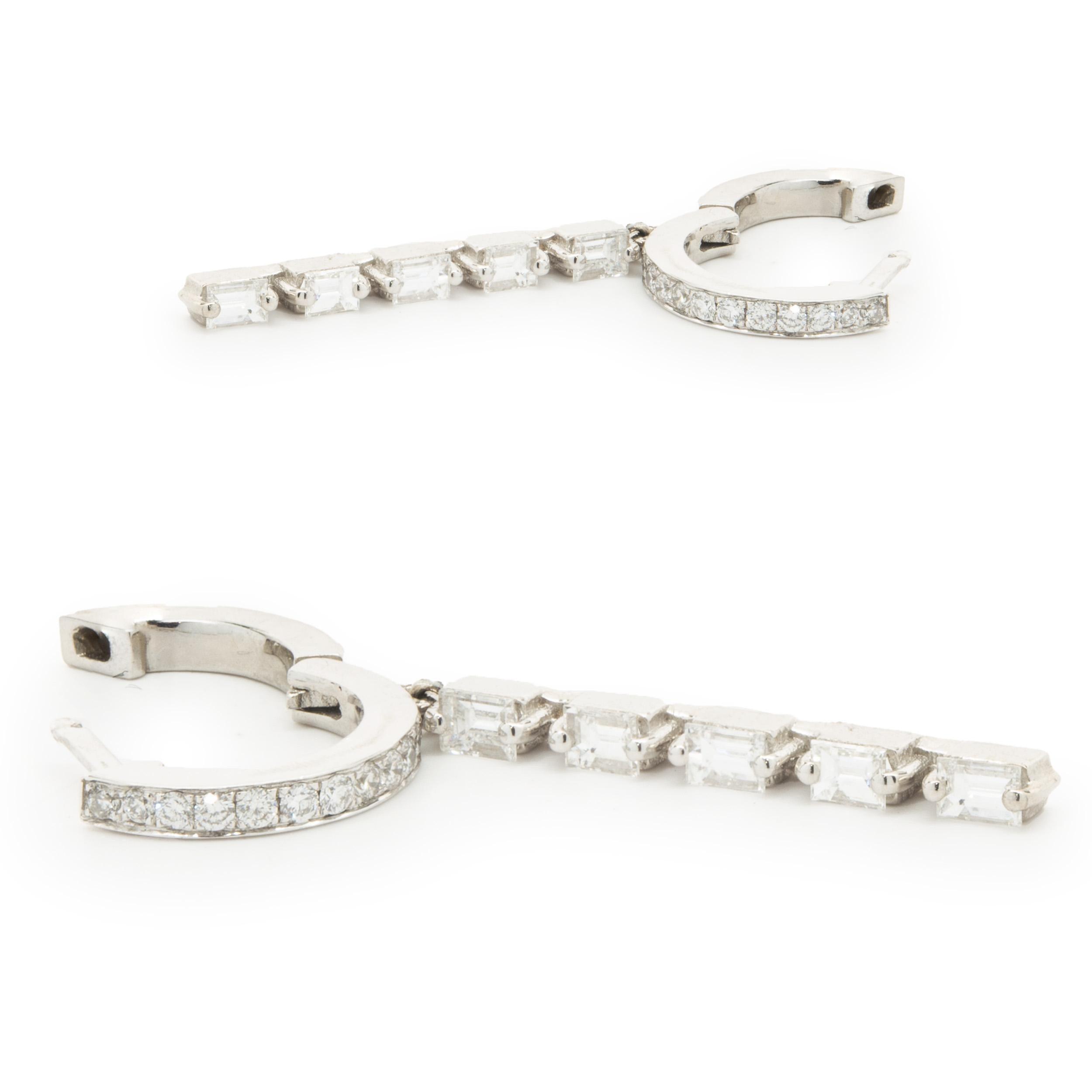 14 Karat White Gold Baguette and Round Brilliant Cut Diamond Stick Drop Earrings In Excellent Condition For Sale In Scottsdale, AZ