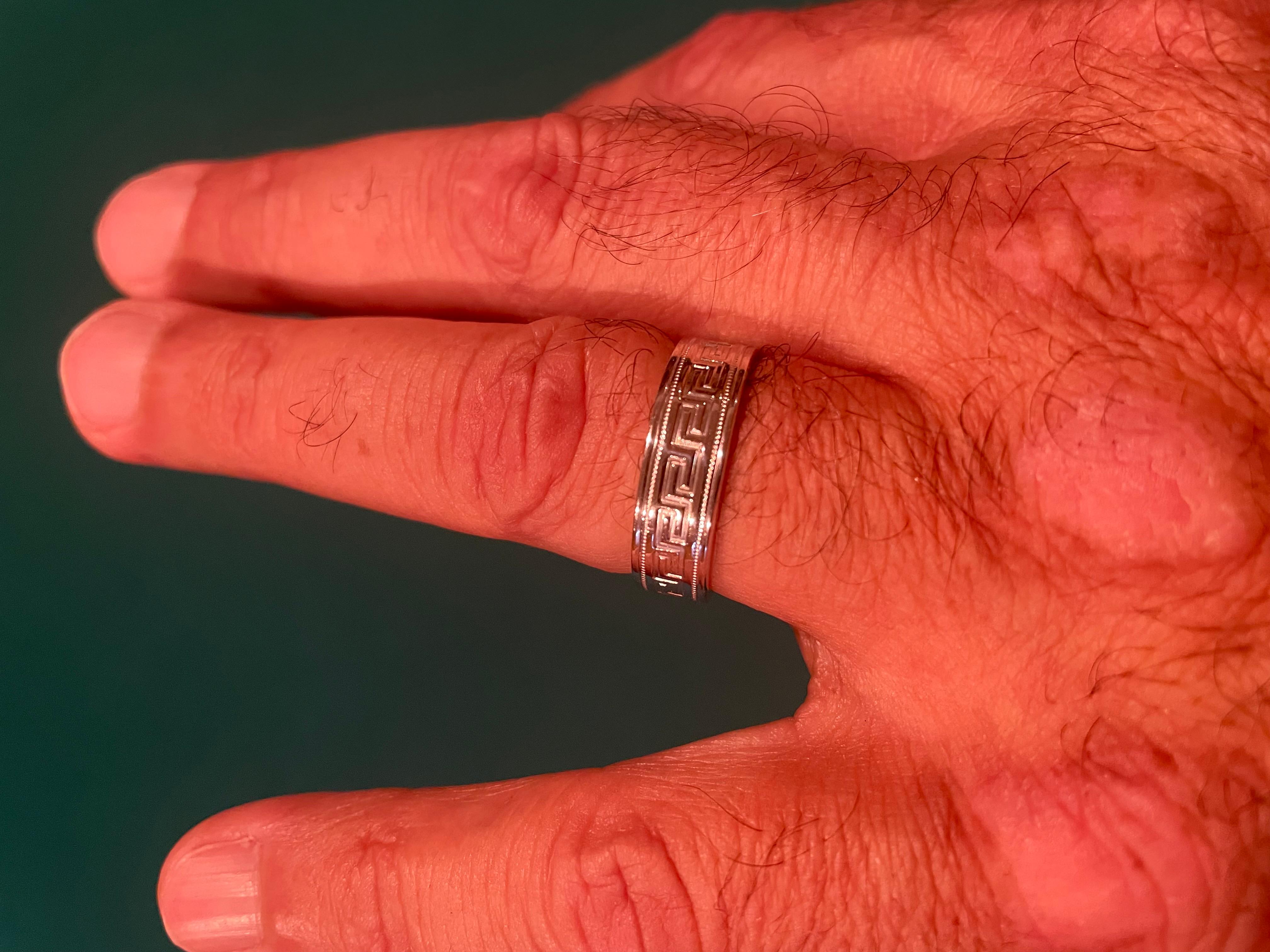 14 Karat White Gold Band Ring Wedding Band Ring Greek Key Design For Sale 2