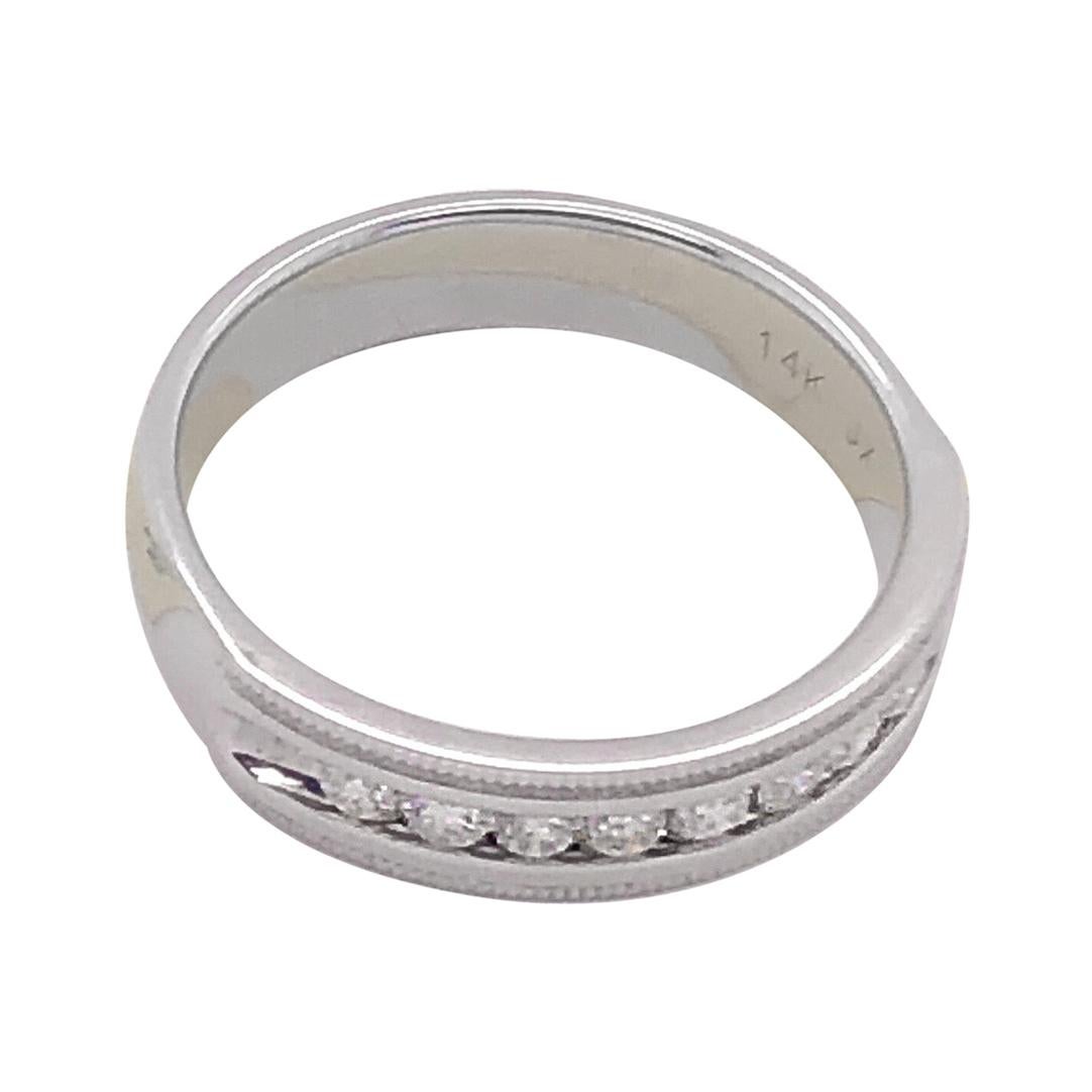 14 Karat White Gold Band Ring Wedding Ring with 9 Round Diamonds For Sale
