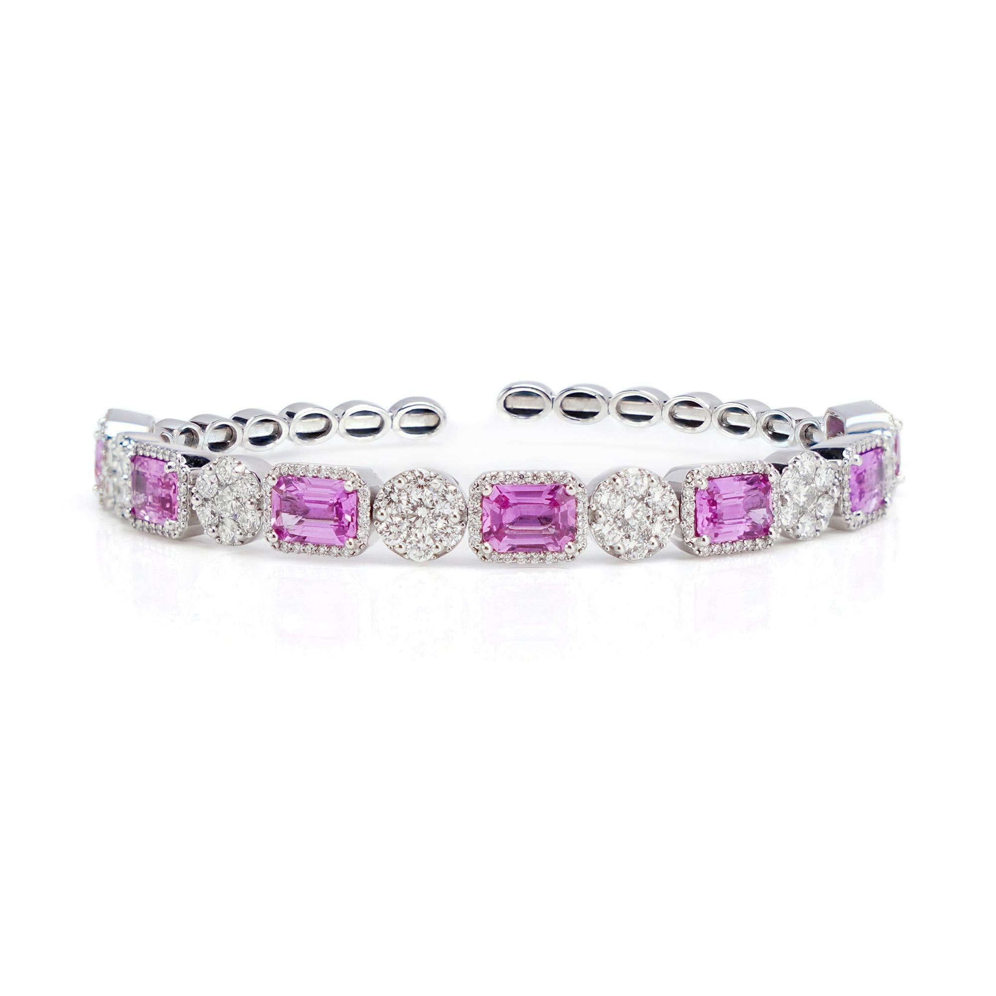 Brilliant Cut 18 kt. White Gold Bangle with Natural Pink Sapphires and Diamonds For Sale