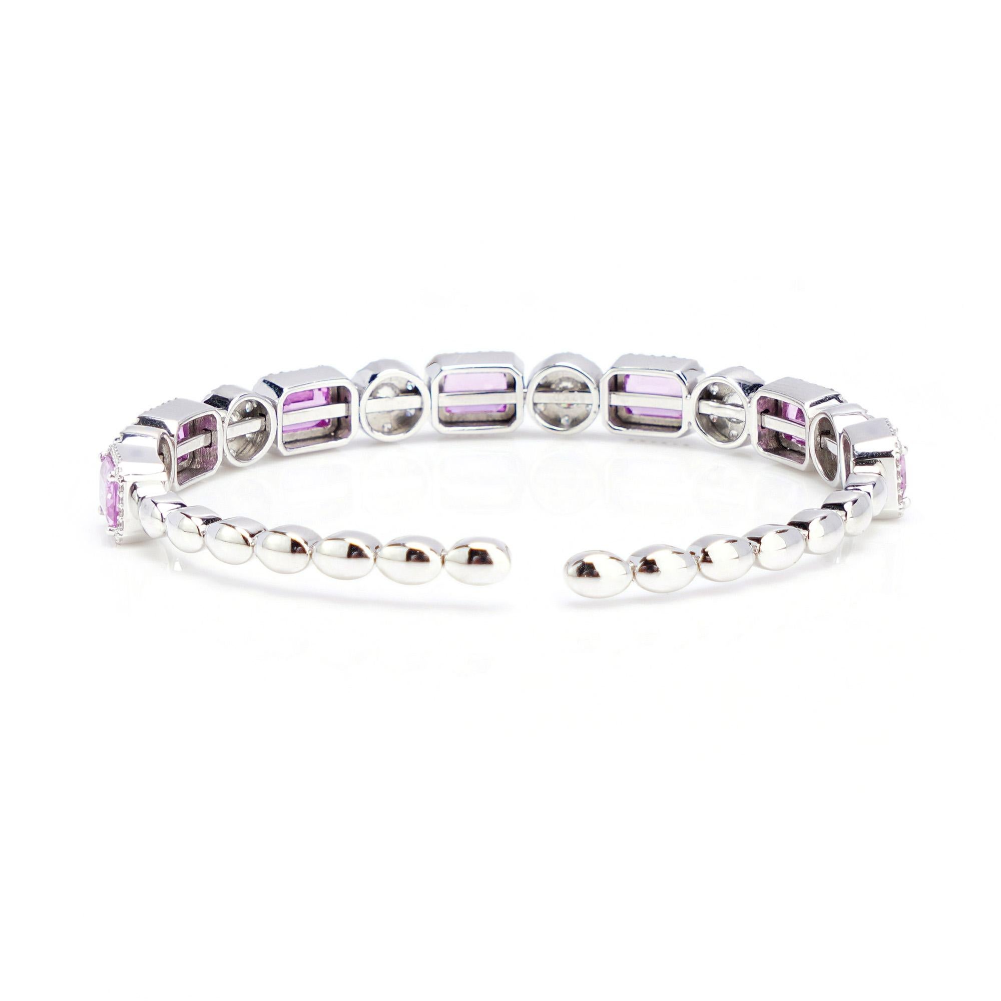 Women's 18 kt. White Gold Bangle with Natural Pink Sapphires and Diamonds For Sale