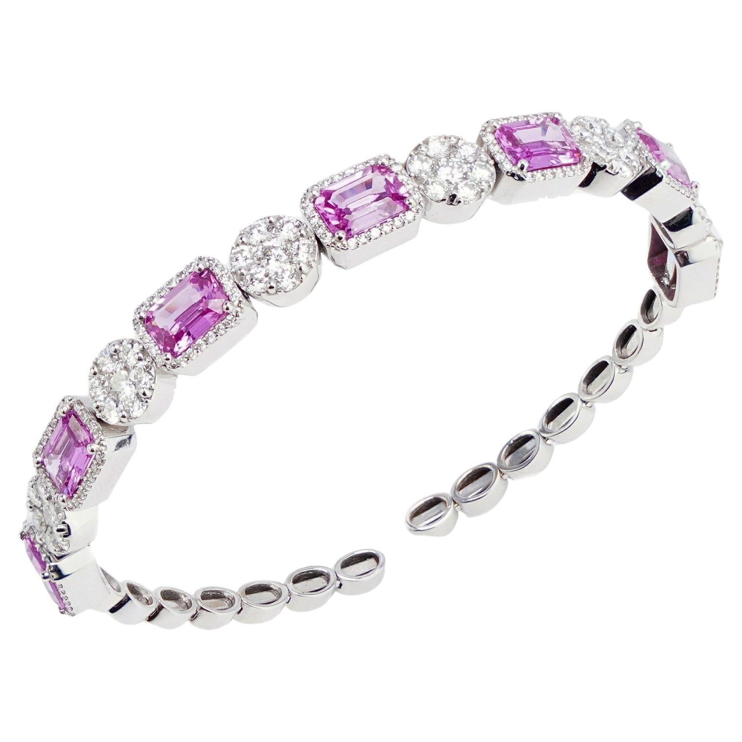 18 kt. White Gold Bangle with Natural Pink Sapphires and Diamonds For Sale