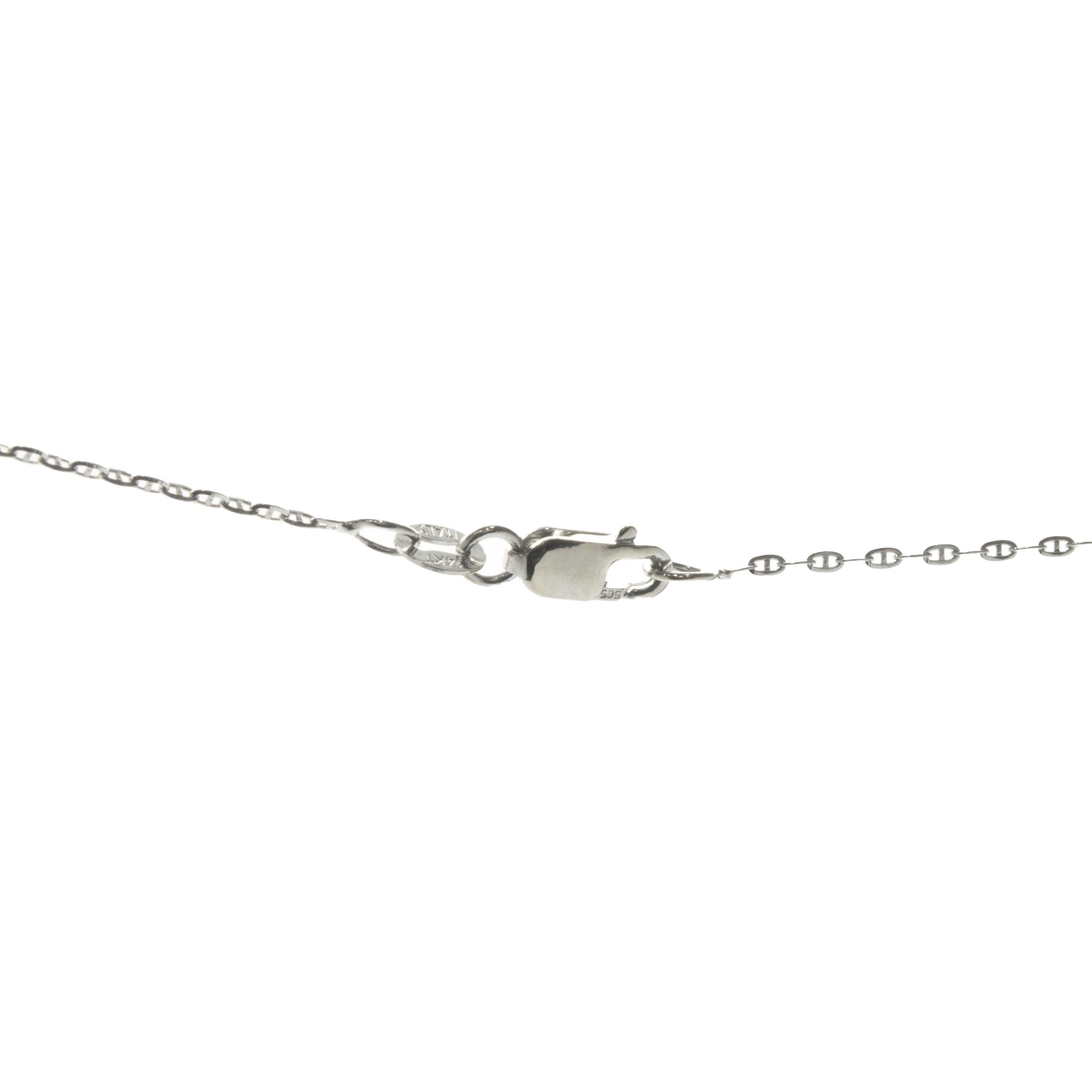 Designer: custom design
Material: 14K white gold
Diamond: round brilliant cut = 0.32cttw
Color: H
Clarity: SI1
Dimensions: necklace measures 18-inches in length 
Weight: 3.22 grams
