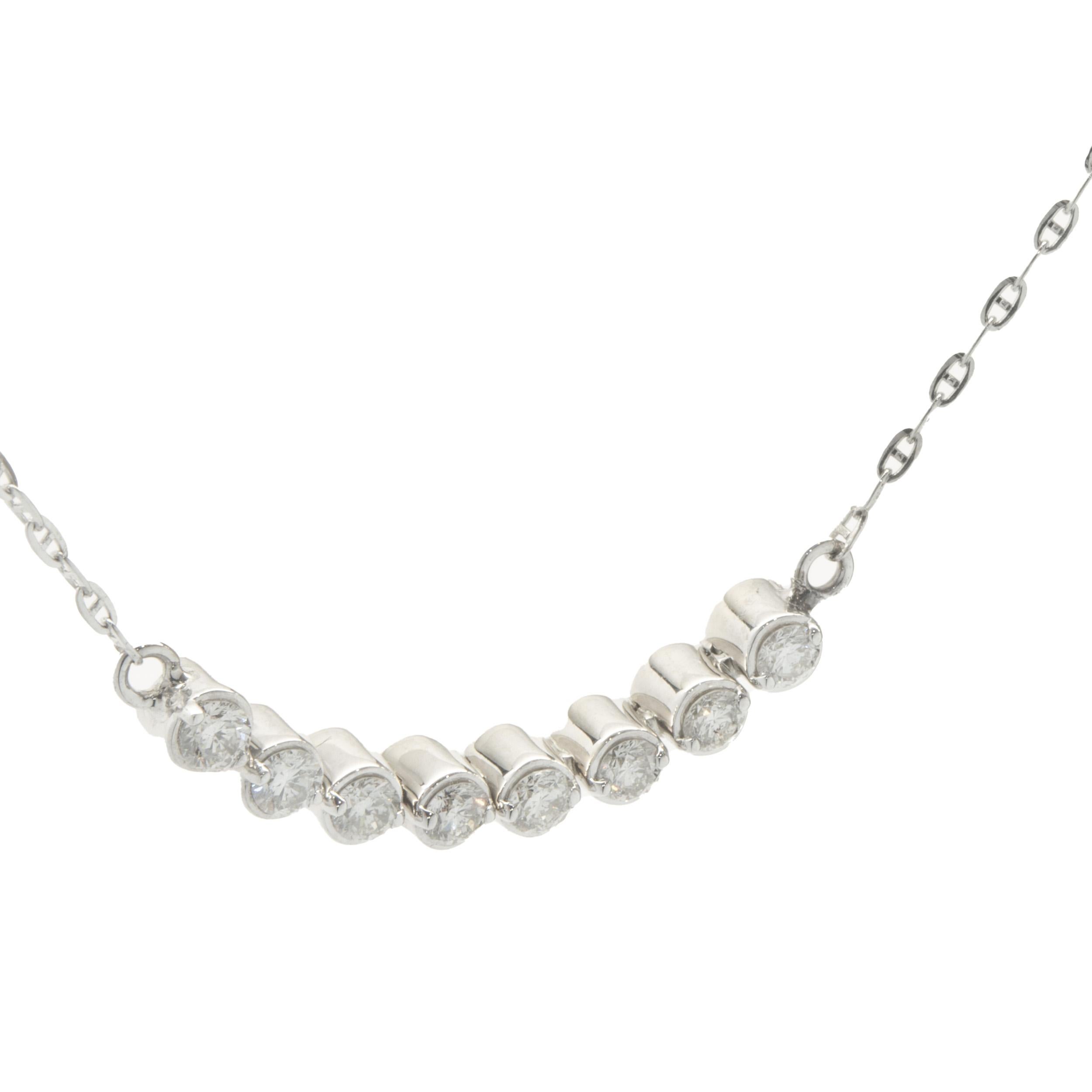 Round Cut 14 Karat White Gold Bezel Set Diamond Smile Necklace For Sale