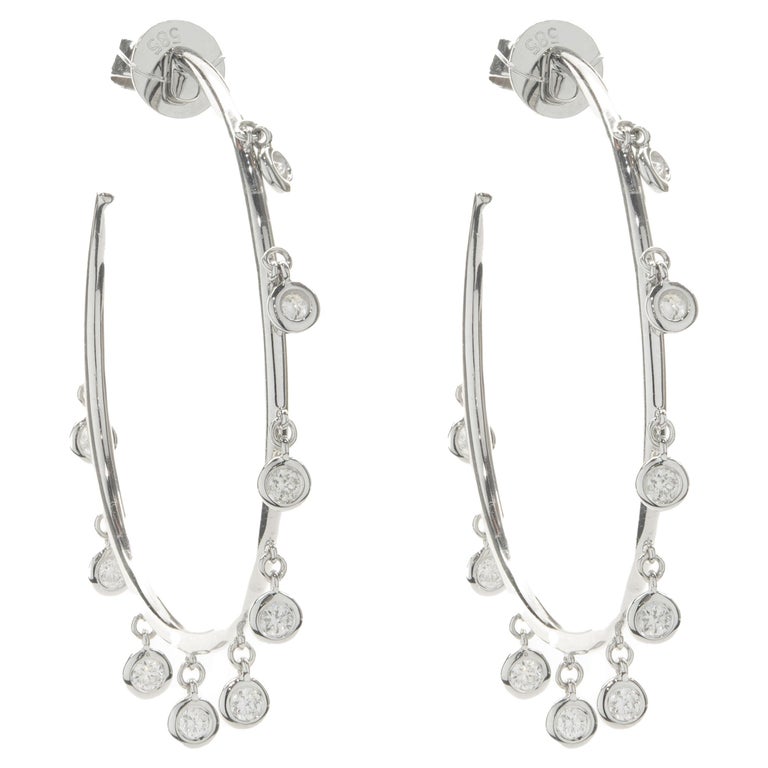 14 Karat White Gold Bezel Set Diamond Station Hoop Earrings For Sale at