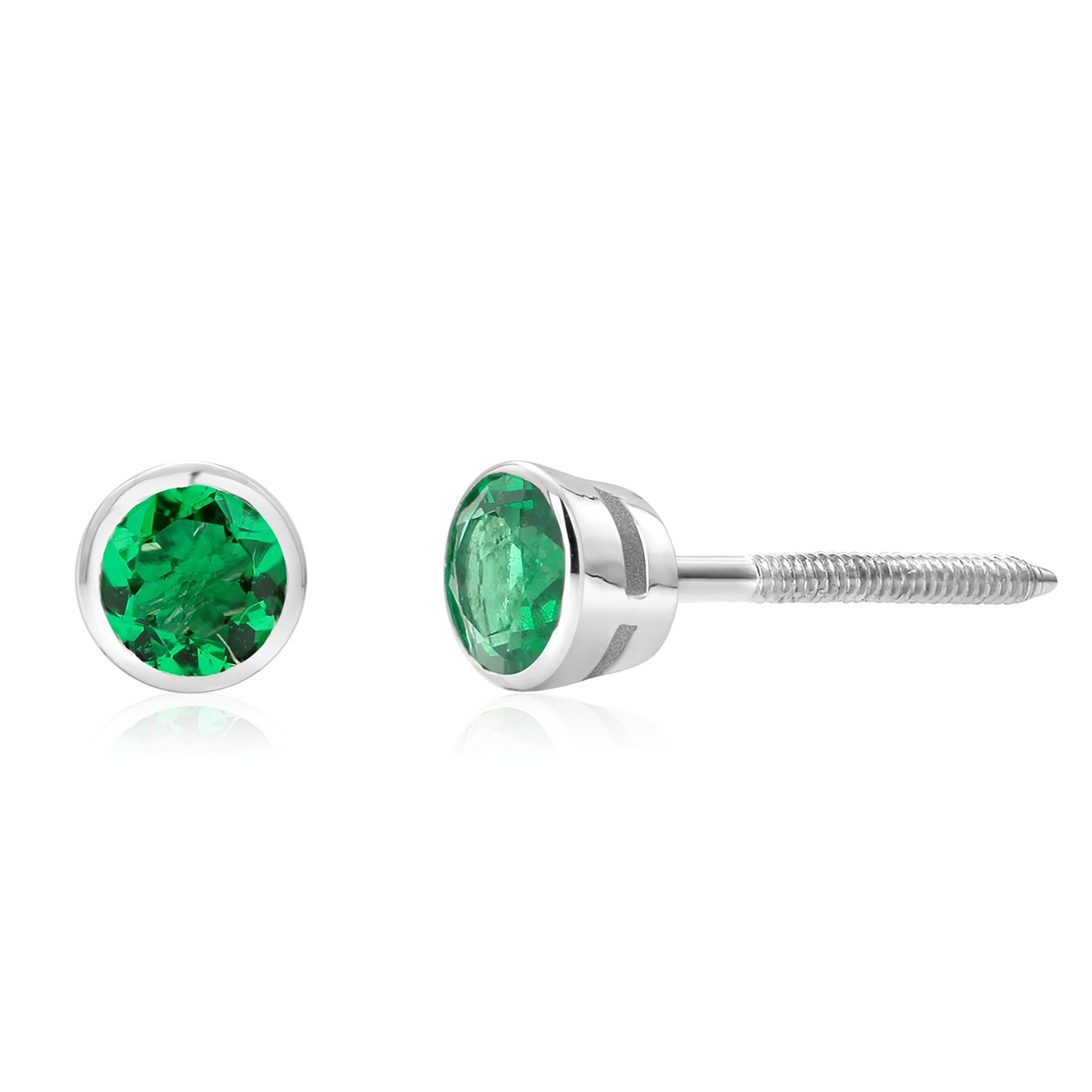14 Karat White Gold Bezel-Set Pair Round Emerald 0.70 Carat Screw Back Earrings 1