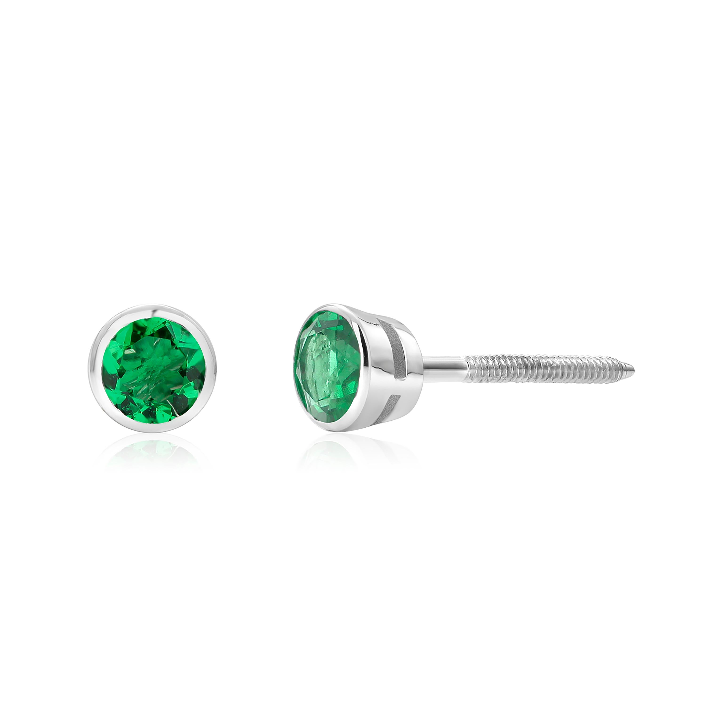 14 Karat White Gold Bezel-Set Pair Round Emerald 0.70 Carat Screw Back Earrings 3