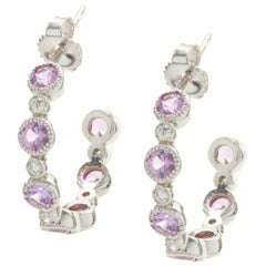 14 Karat White Gold Bezel Set Pink Sapphire and Diamond Huggie Hoop Earrings