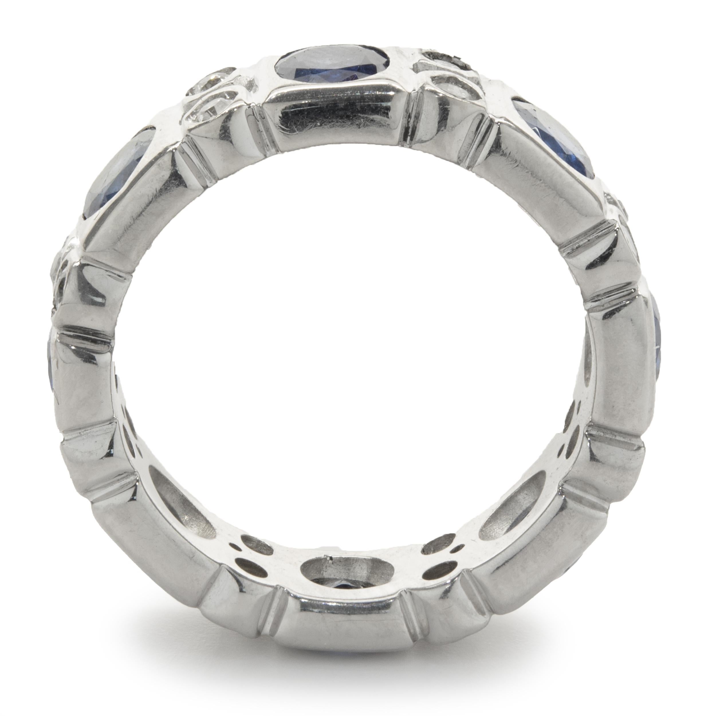 Round Cut 14 Karat White Gold Bezel Set Sapphire and Diamond Band For Sale