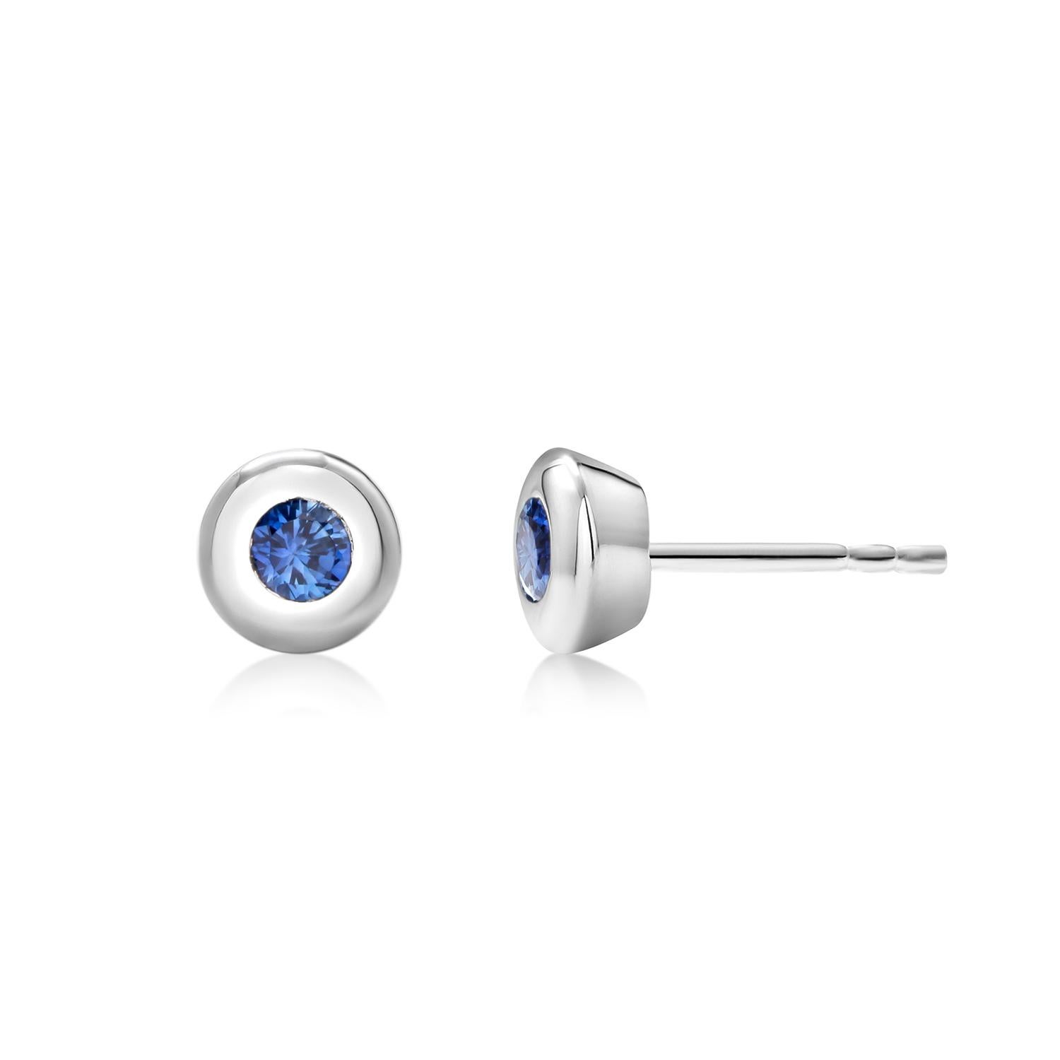 14 karat white gold round sapphire stud earrings
Two round sapphires measuring 3 millimeters each 
Sapphire hue tone color is cornflower blue
Sapphires weighing 0.30   
New Earrings
New Earrings
Handmade in the USA
The 14 karat gold earrings are