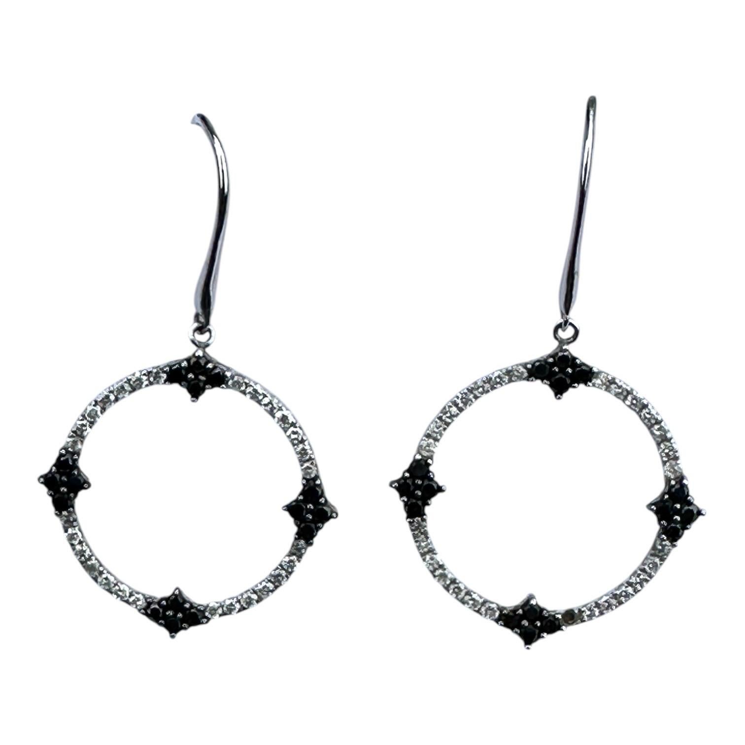 14 Karat White Gold Black and White .75 Carat Diamond Circle Earring Drops