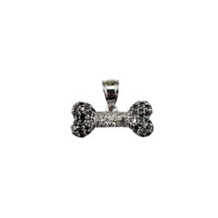 Breloque chien os en or blanc 14 carats et diamants noirs et blancs #21341