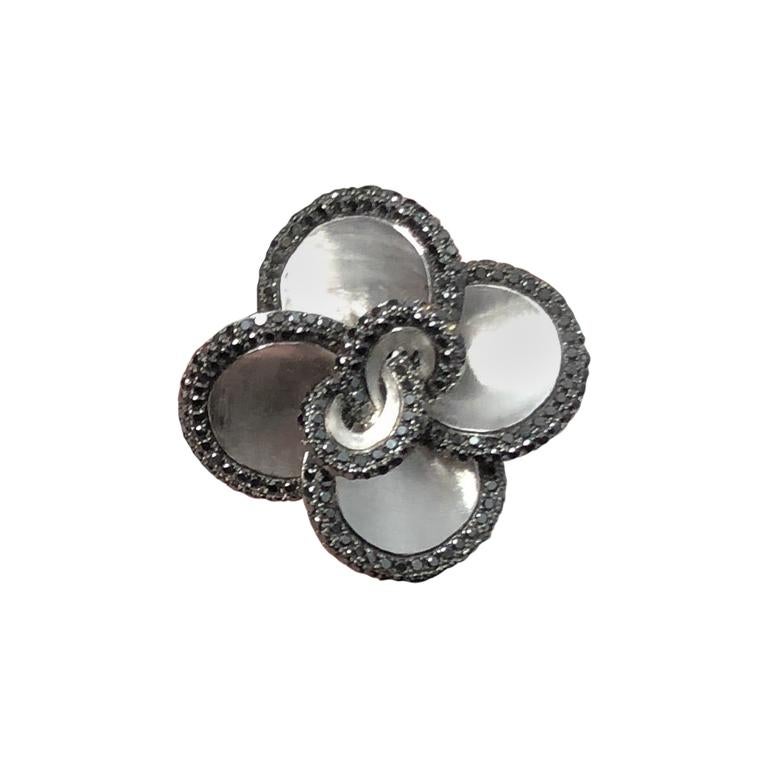 14 Karat White Gold Black Diamond Floral Cocktail Ring For Sale