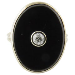 Vintage 14 Karat White Gold Black Onyx and Diamond Ring