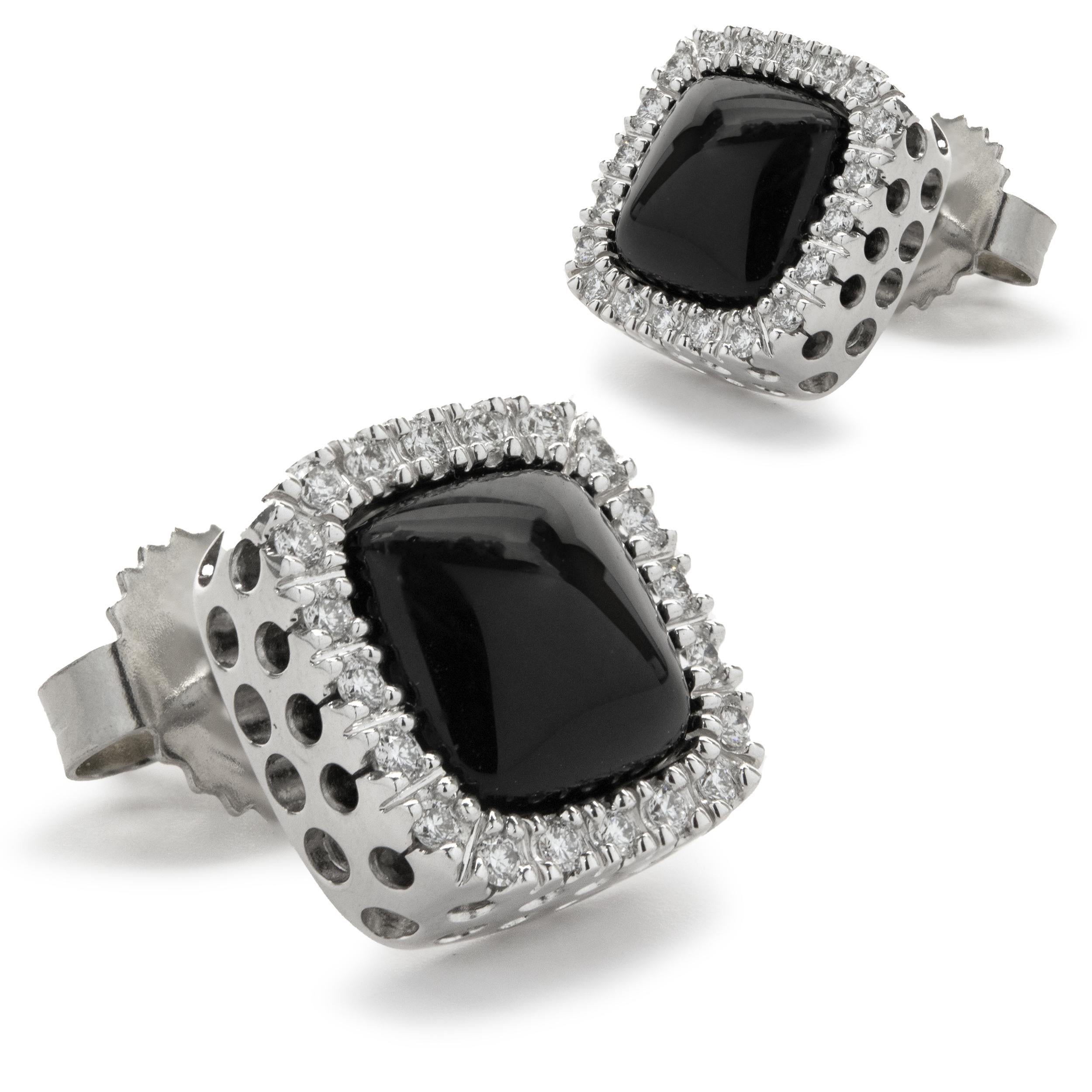 Designer: custom
Material: 14K white gold
Diamond: 44 round brilliant cut = 0.50cttw
Color: G
Clarity: VS2
Dimensions: earrings measure 10 X 10mm
Fastenings: posts with friction backs
Weight: 4.28 grams
