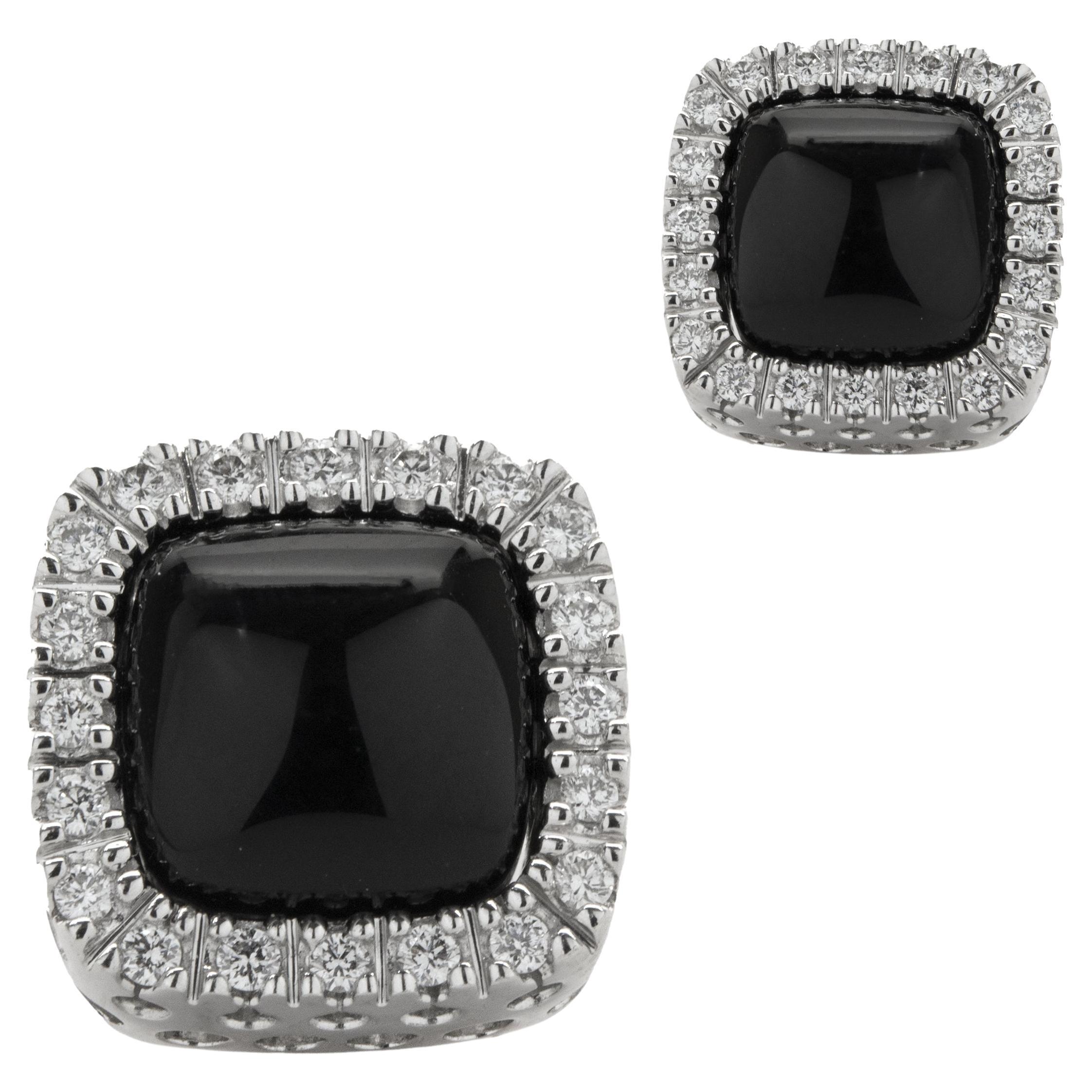 14 Karat White Gold Black Onyx and Diamond Stud Earrings For Sale