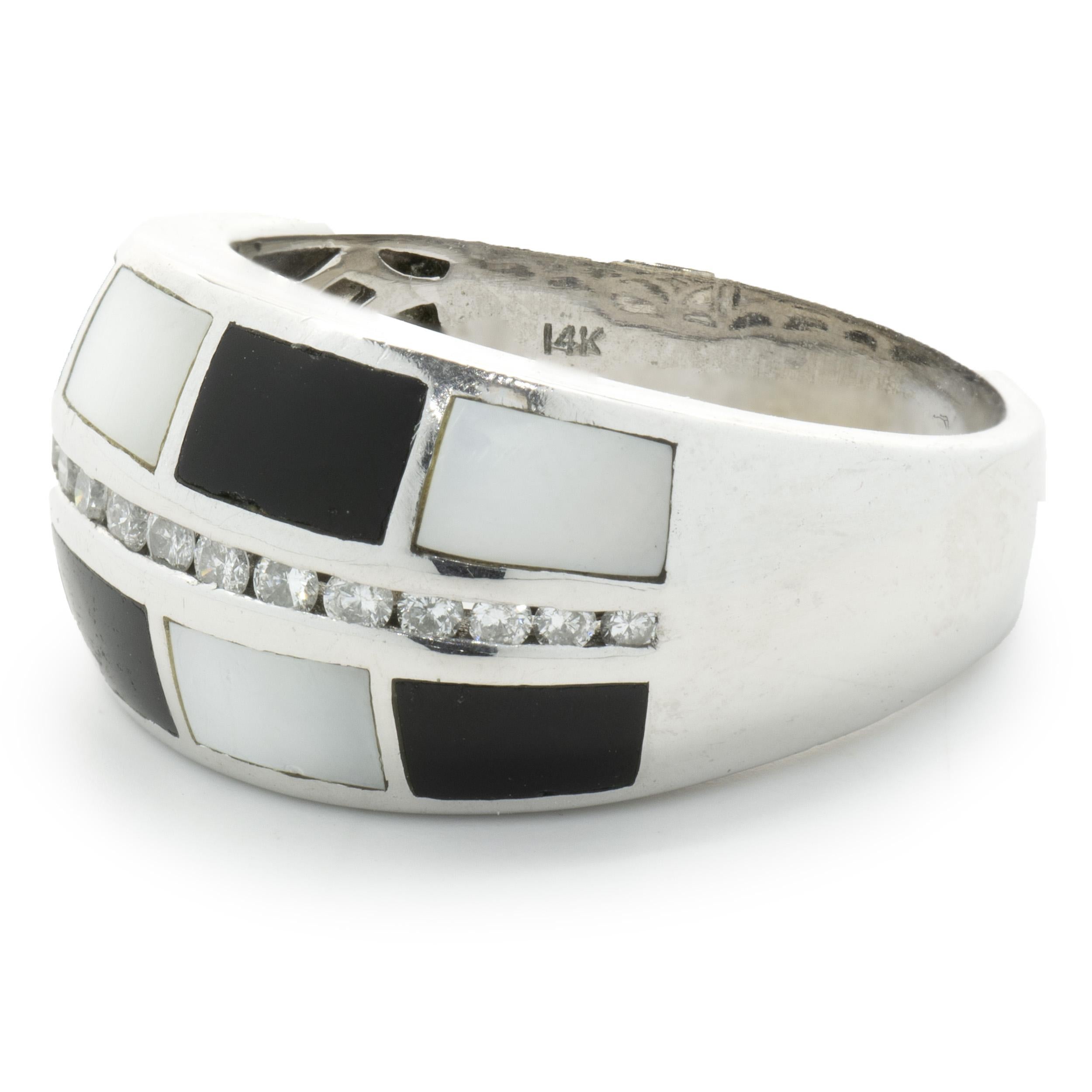 Round Cut 14 Karat White Gold Black Onyx, Mother of Pearl, and Diamond Inlay Ring For Sale