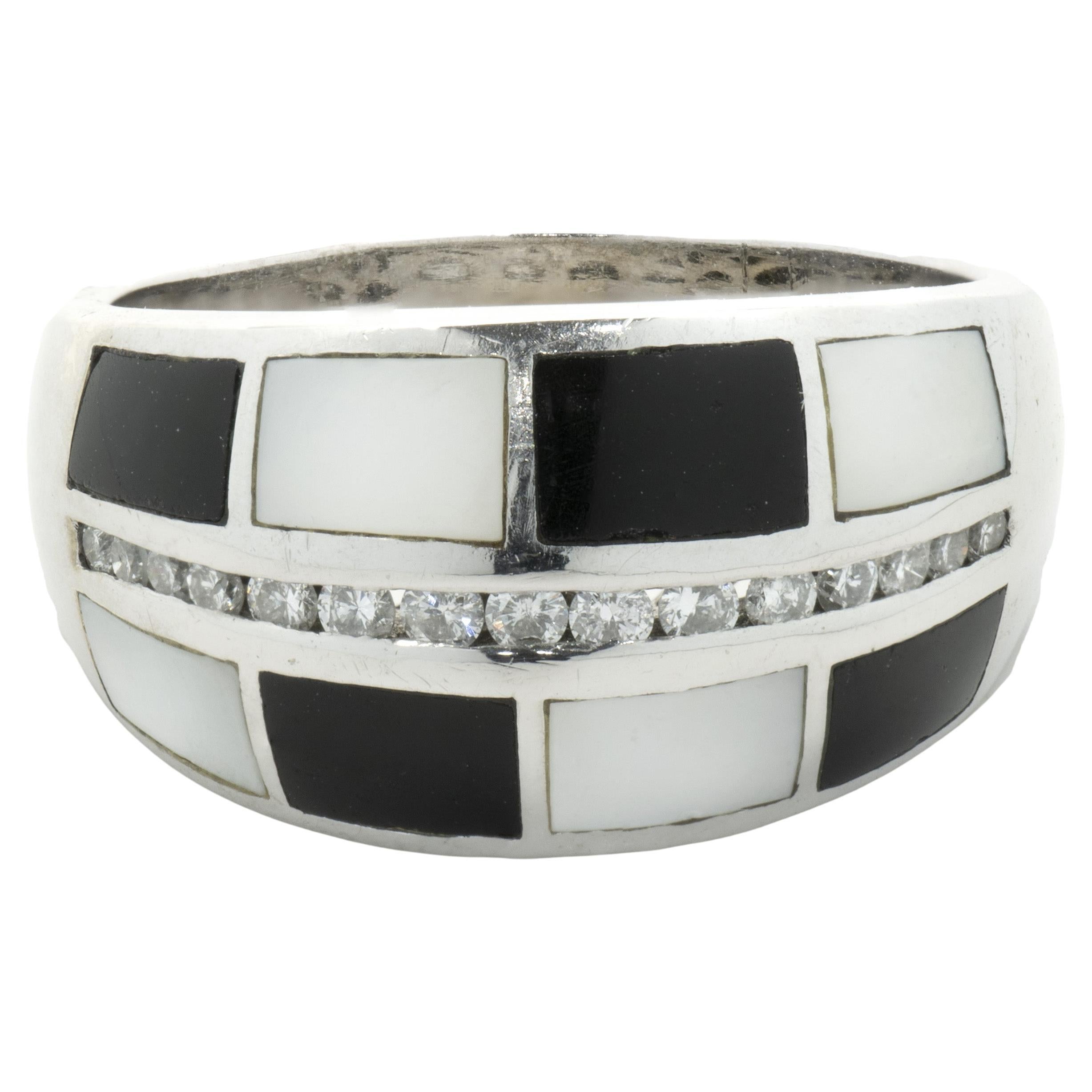 14 Karat White Gold Black Onyx, Mother of Pearl, and Diamond Inlay Ring For Sale