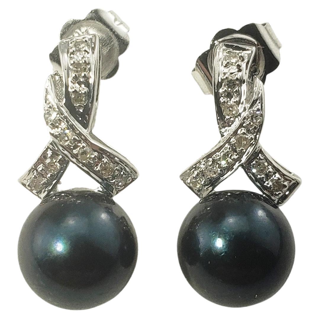 14 Karat White Gold Black Pearl and Diamond Drop Earrings