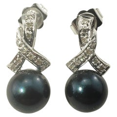 14 Karat White Gold Black Pearl and Diamond Drop Earrings