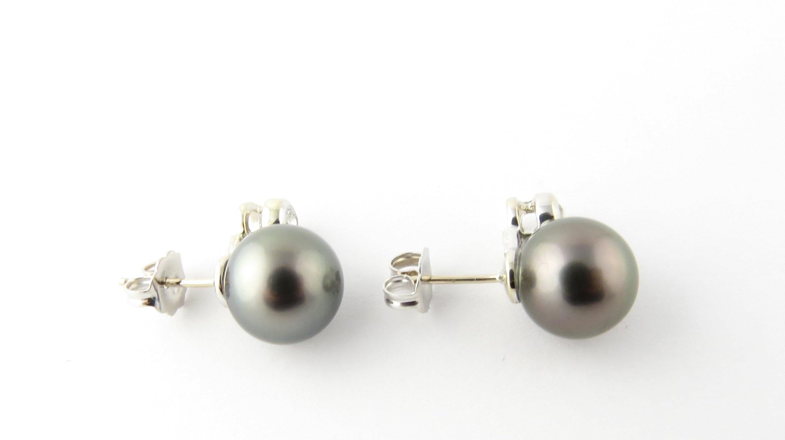 Women's 14 Karat White Gold Black Pearl and Diamond Earrings For Sale