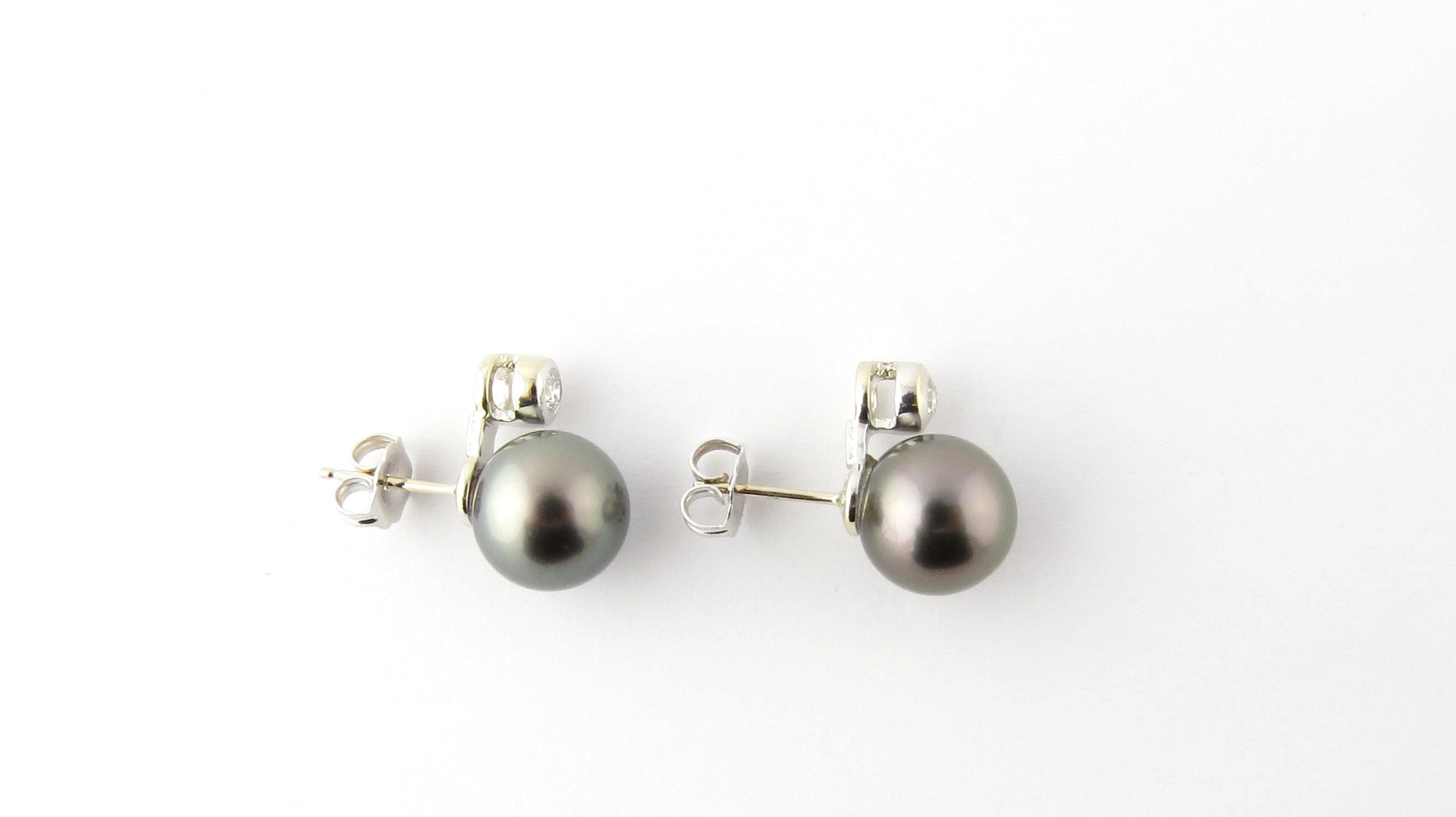 14 Karat White Gold Black Pearl and Diamond Earrings For Sale 1