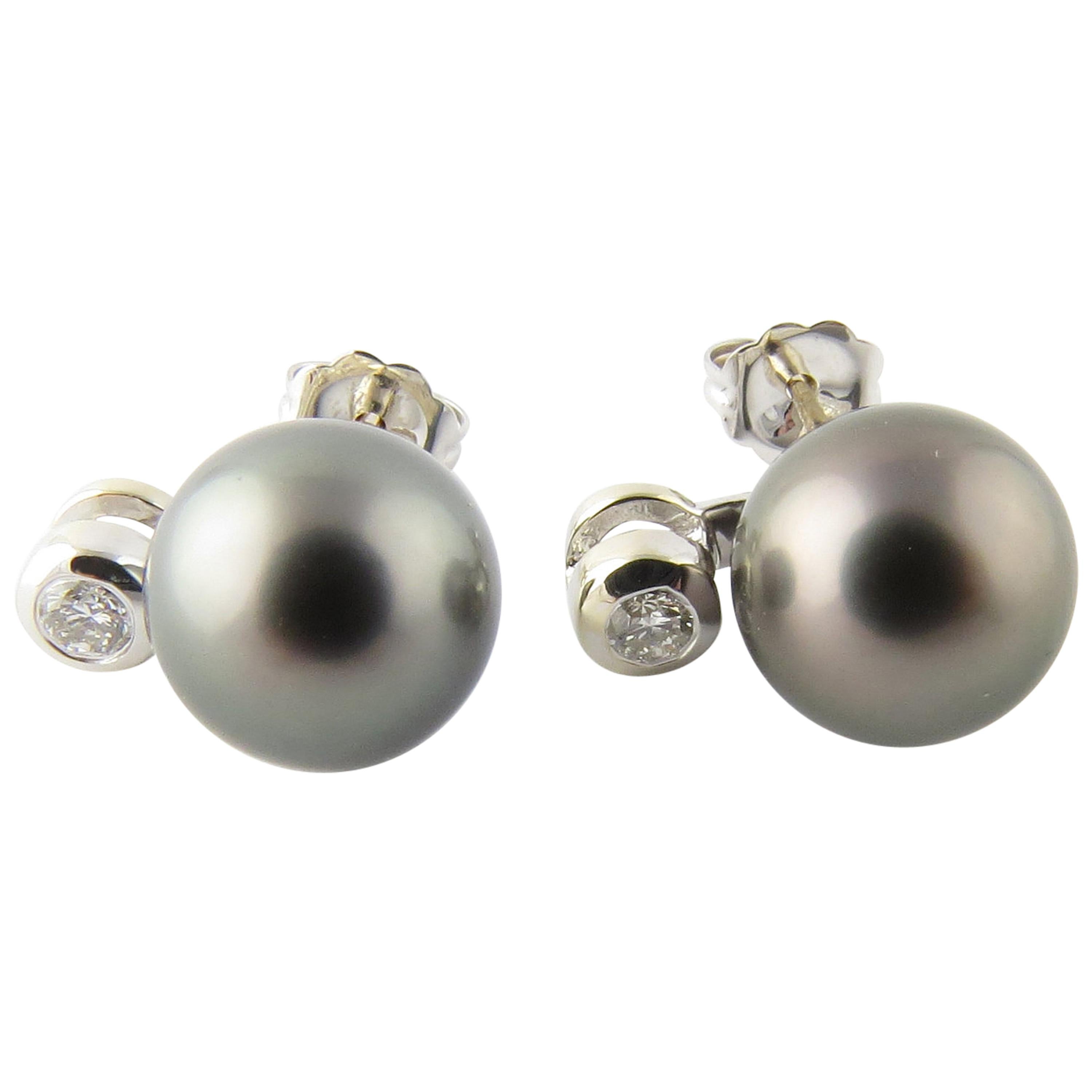14 Karat White Gold Black Pearl and Diamond Earrings For Sale