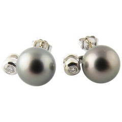 Vintage 14 Karat White Gold Black Pearl and Diamond Earrings