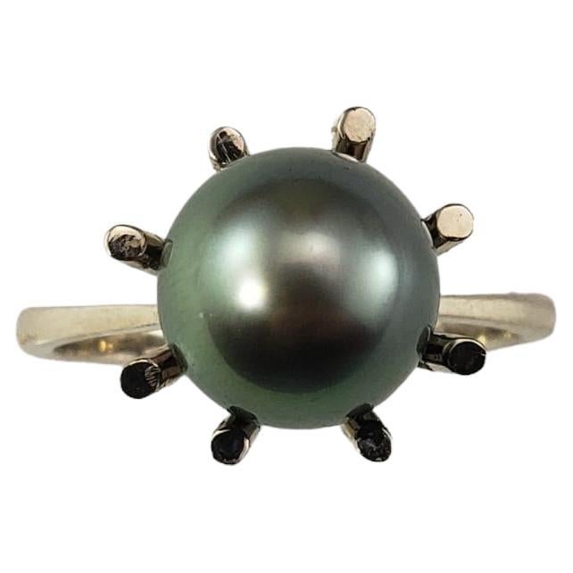 14 Karat White Gold Black Pearl Ring Size 10 #18350 For Sale