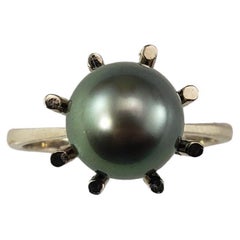 14 Karat White Gold Black Pearl Ring Size 10 #18350