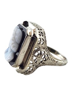 14 Karat Weißgold Schwarz-Weiß-Onyx-Kamee-Ring Größe 5,5 #19815