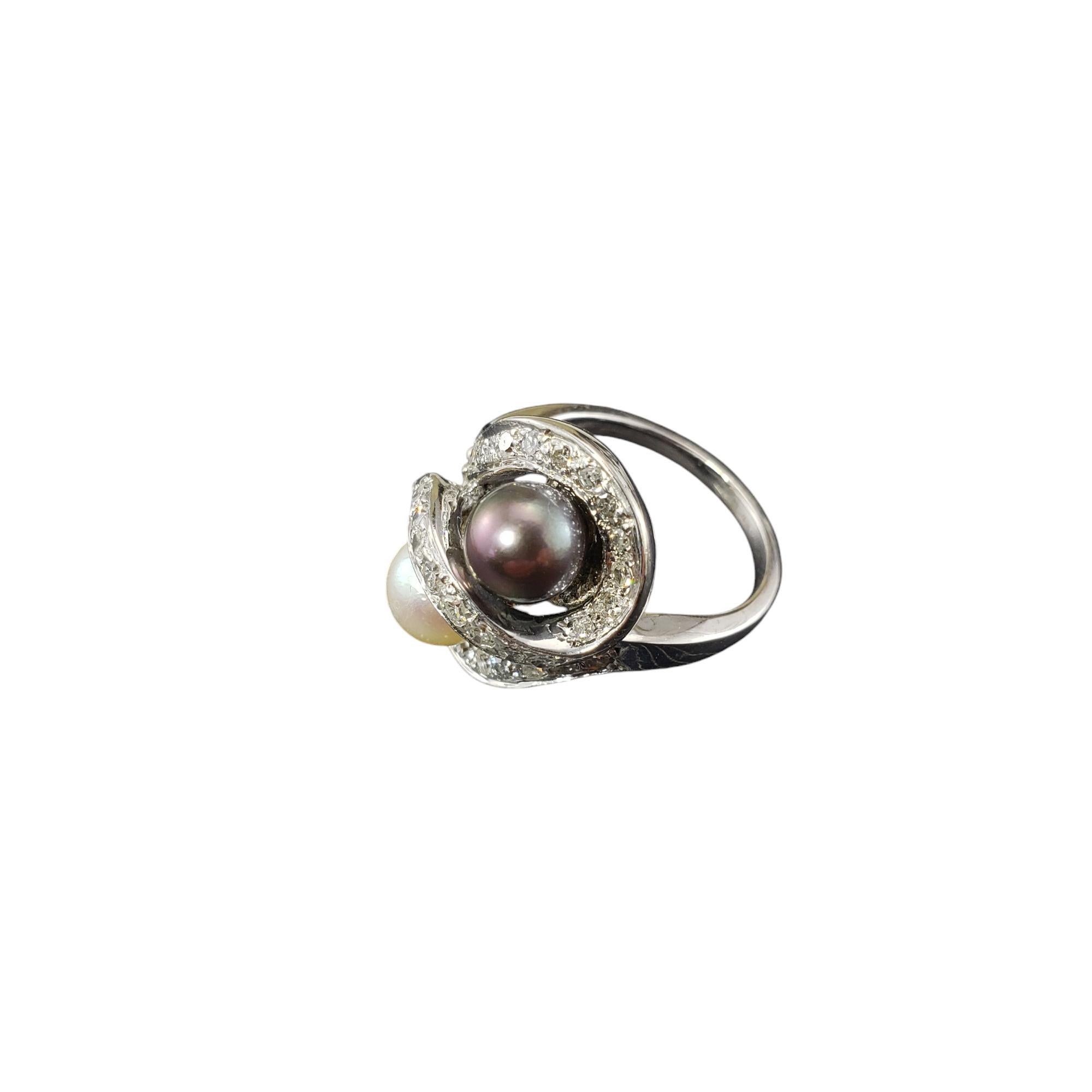 Contemporary 14 Karat White Gold Black & White Pearl and Diamond Ring Size 4.5 #19551 For Sale