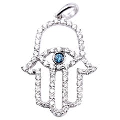 14 Karat White Gold Blue and White Diamond Hamsa Pendant