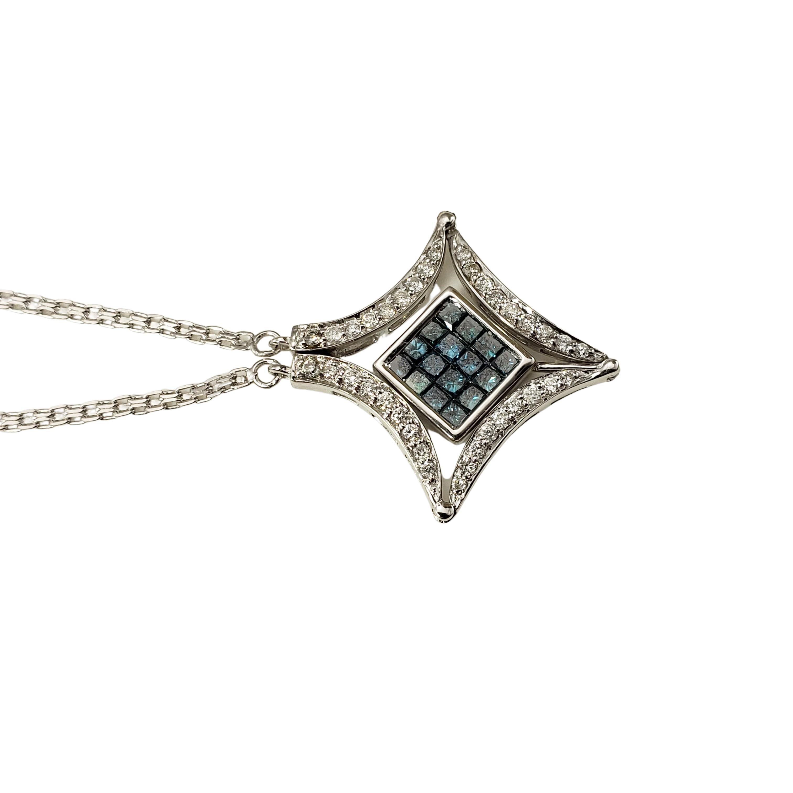 14 Karat White Gold Blue (Color Treated) and White Diamond Magnetic Pendant Necklace-

Two pendants in one!

 This sparkling magnetic pendant features 16 blue color-treated princess cut diamonds and 36 white round brilliant cut diamonds set in