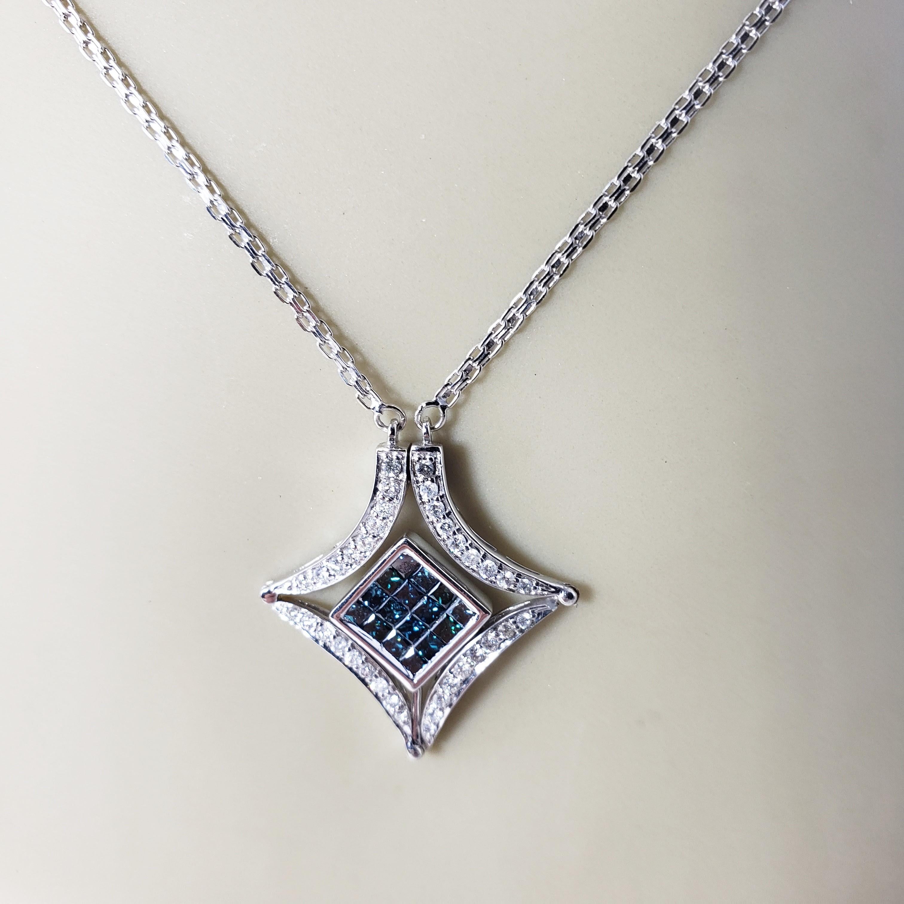 Brilliant Cut 14 Karat White Gold Blue (Color Treated) White Diamond Magnetic Pendant Necklace For Sale