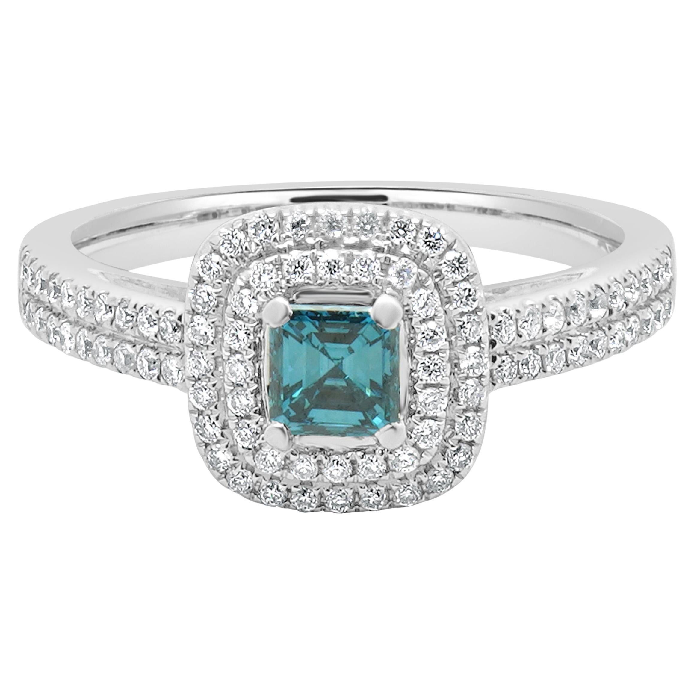 14 Karat White Gold Blue Diamond Asscher Cut Engagement Ring