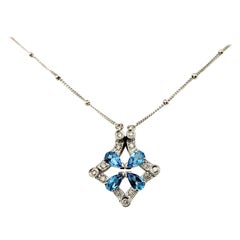 14 Karat White Gold Blue Glass and Diamond Convertible Pendant Necklace 14 Karat White Gold Blue Glass and Diamond Convertible Pendant Necklace