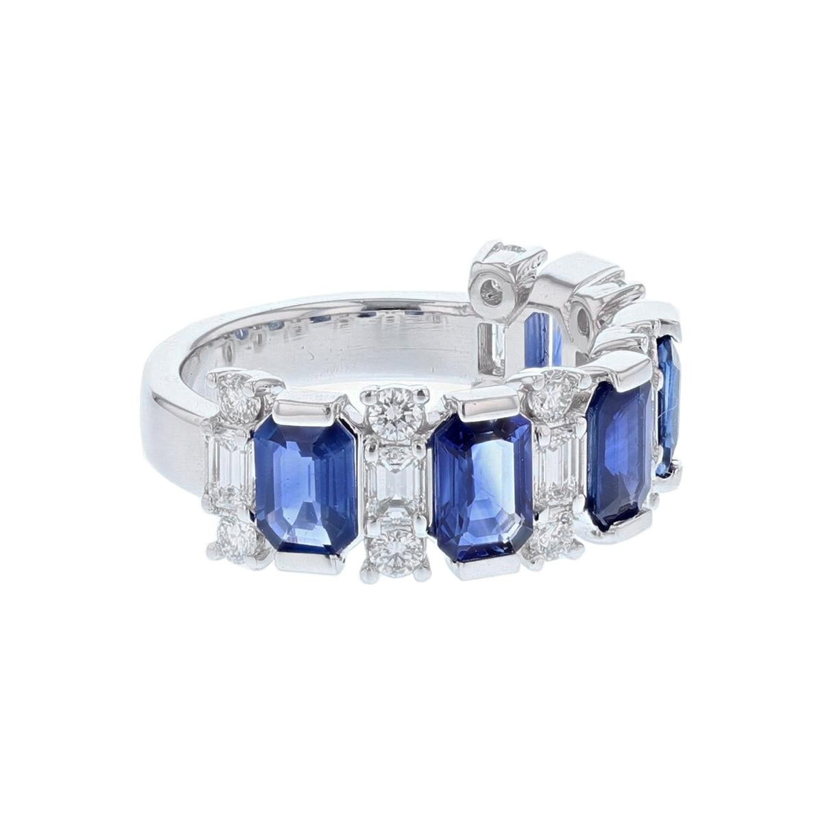 Contemporary 14 Karat White Gold Blue Sapphire and Diamond Band For Sale