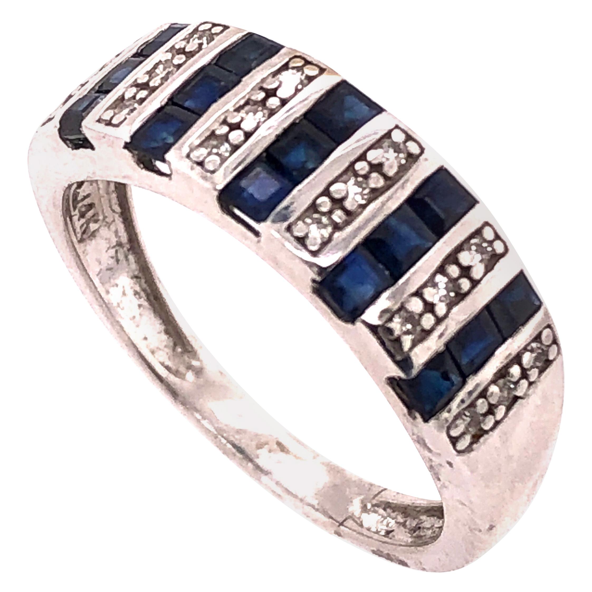 14 Karat White Gold Blue Sapphire and Diamond Band Ring 0.18 TDW