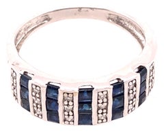 14 Karat White Gold Blue Sapphire and Diamond Band Ring 0.18 TDW