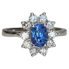 14 Karat White Gold Blue Sapphire and Diamond Cluster Ring